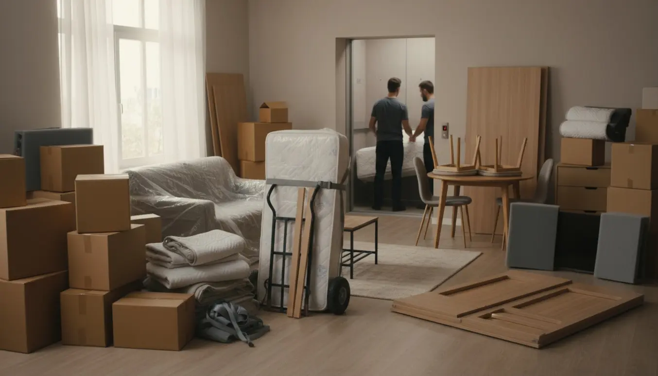 Flyttescene i opgang med stabler af flyttekasser og møbler ved en åben elevator.