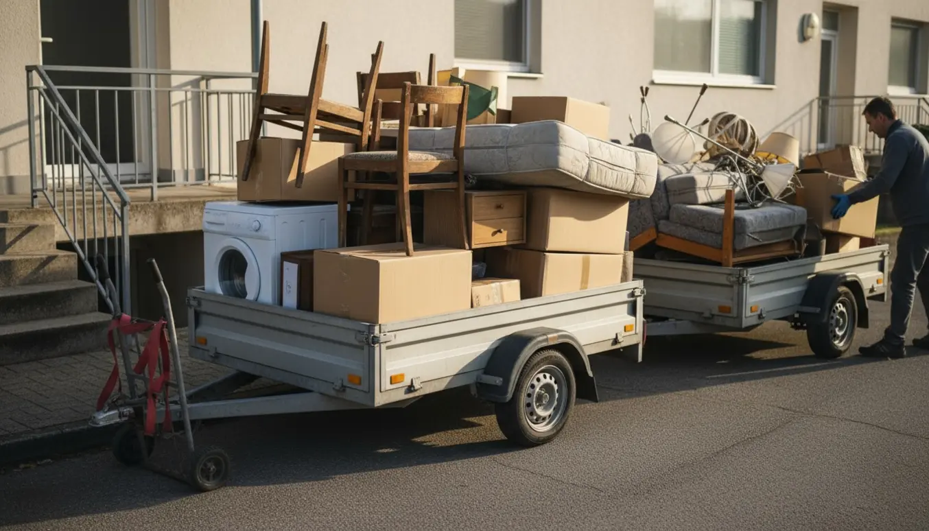 To trailere fyldt med storskrald foran en stuelejlighed med vaskemaskine, små møbler og kasser.