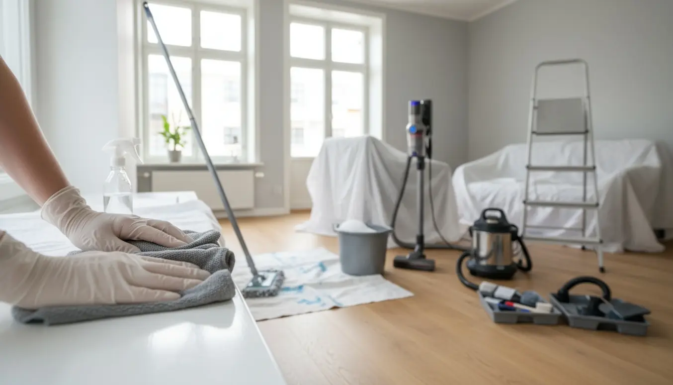 Lys post-renoveret lejlighed med handsker på hænder, der pudser vindueskarmen og rengøringsudstyr på gulvet.
