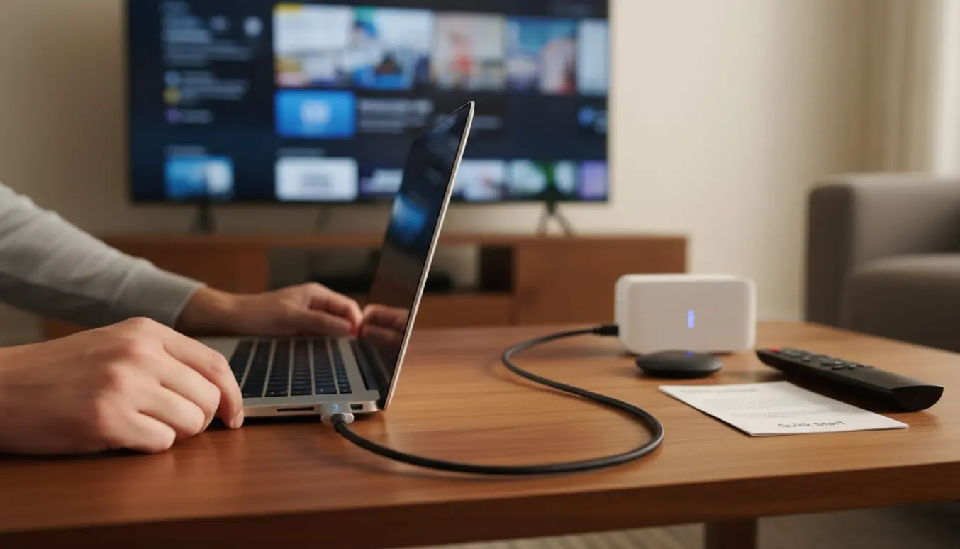 Hænder forbinder en Chromebook til et tv med USB-C til HDMI-adapter for at streame indhold.