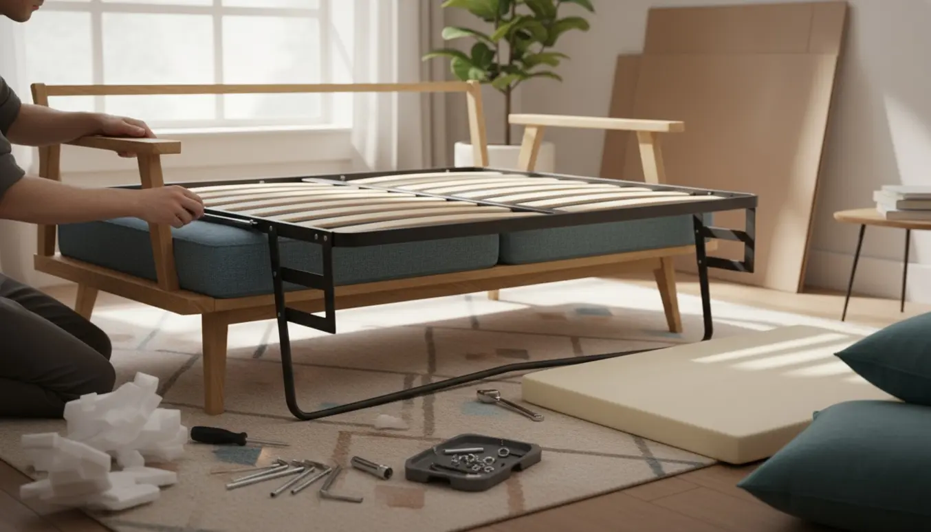 Delvist samlet sovesofa i stuen med værktøj og hænder, der monterer mekanikken.