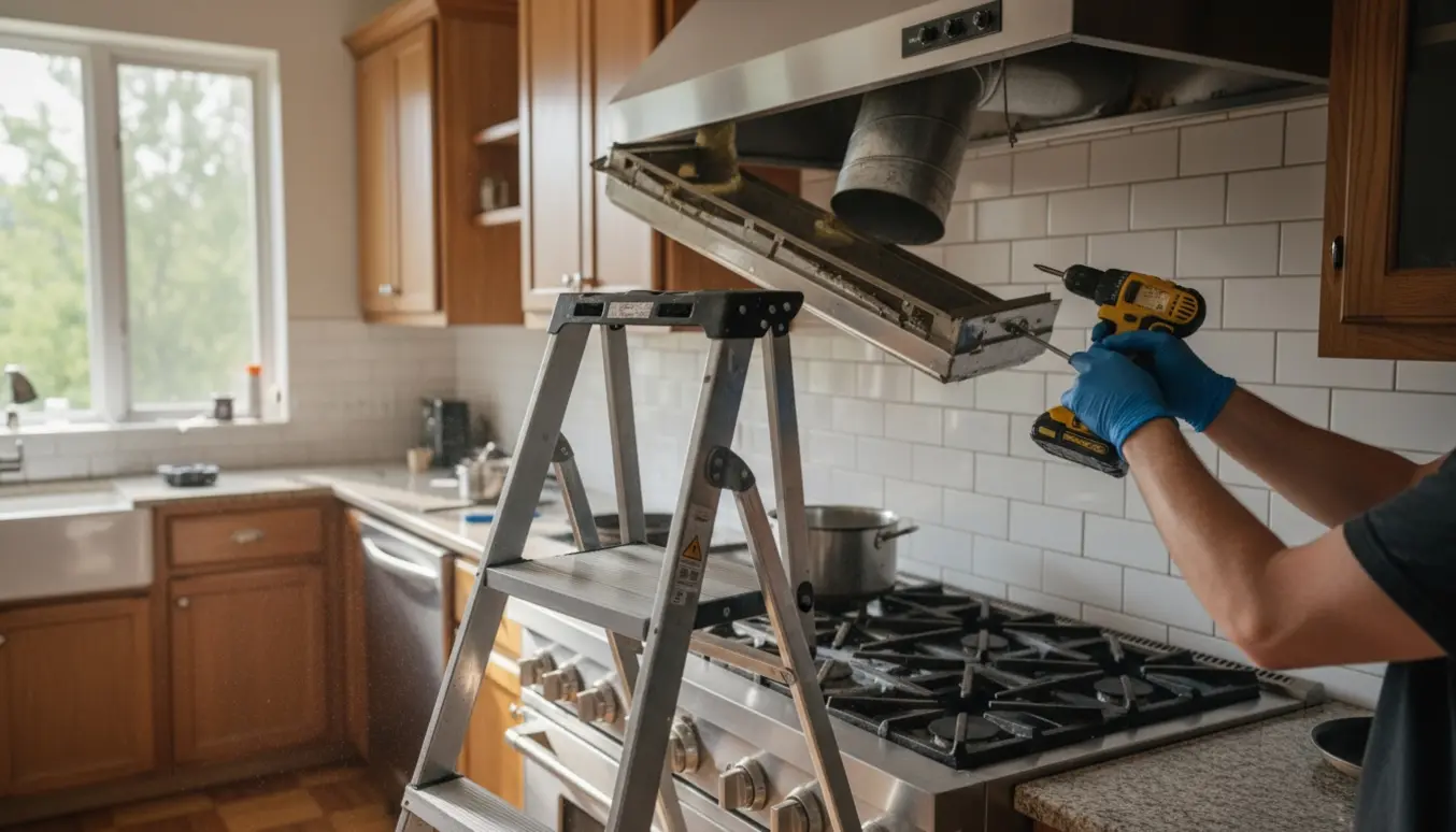 Hænder på en stige fjerner en gammel emhætte, med blottet aftrækskanal og værktøj i forgrunden.