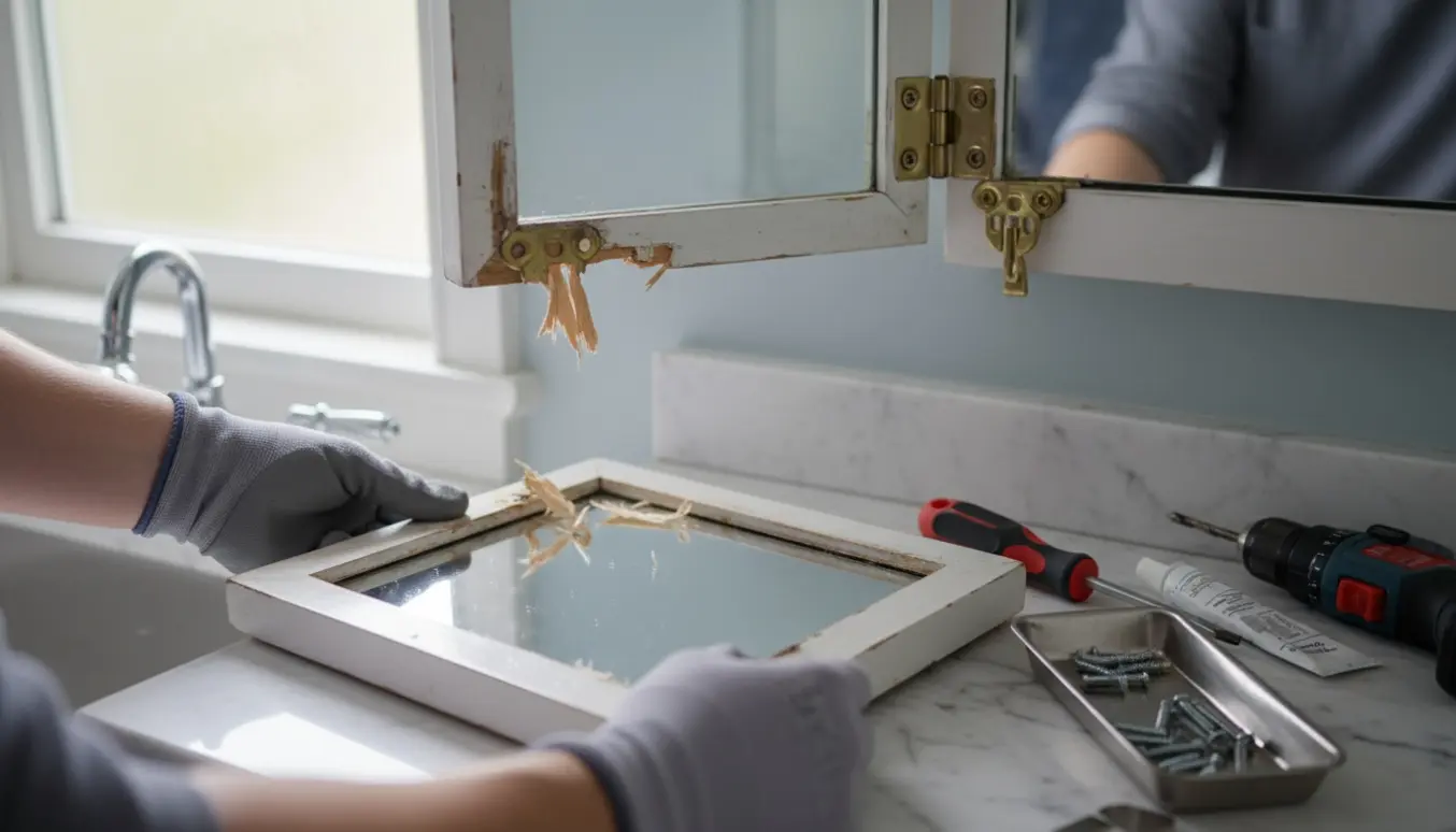 Løs spejldør fra medicinskab ligger på badeværelsesbord med afmonteret, rustent hængsel og værktøj klar til reparation.