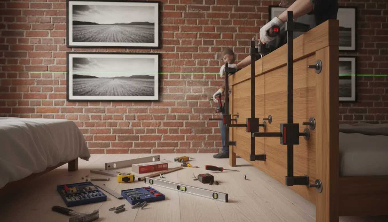 Hænder borer i mursten for at hænge store billeder, mens et trægavl klampes og skrues fast på en seng.