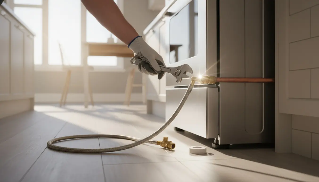 Tekniker tilslutter et fritstående gaskomfur til en eksisterende gasledning i et lyst, moderne køkken.