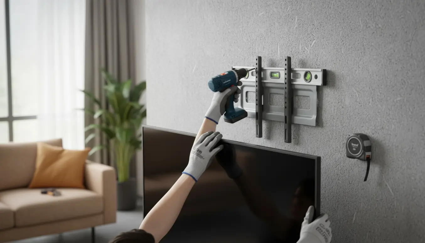 Hænder monterer et 65 tommer fladskærms-tv på en Fermacell-væg med værktøj i forgrunden.