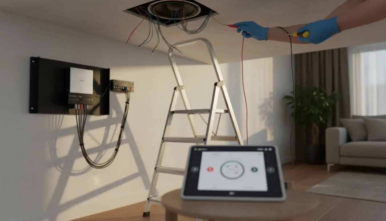 Tekniker fejlfinder indbyggede loftshøjttalere med åbent loftpanel, værktøj og tablet ved et netværksrack.