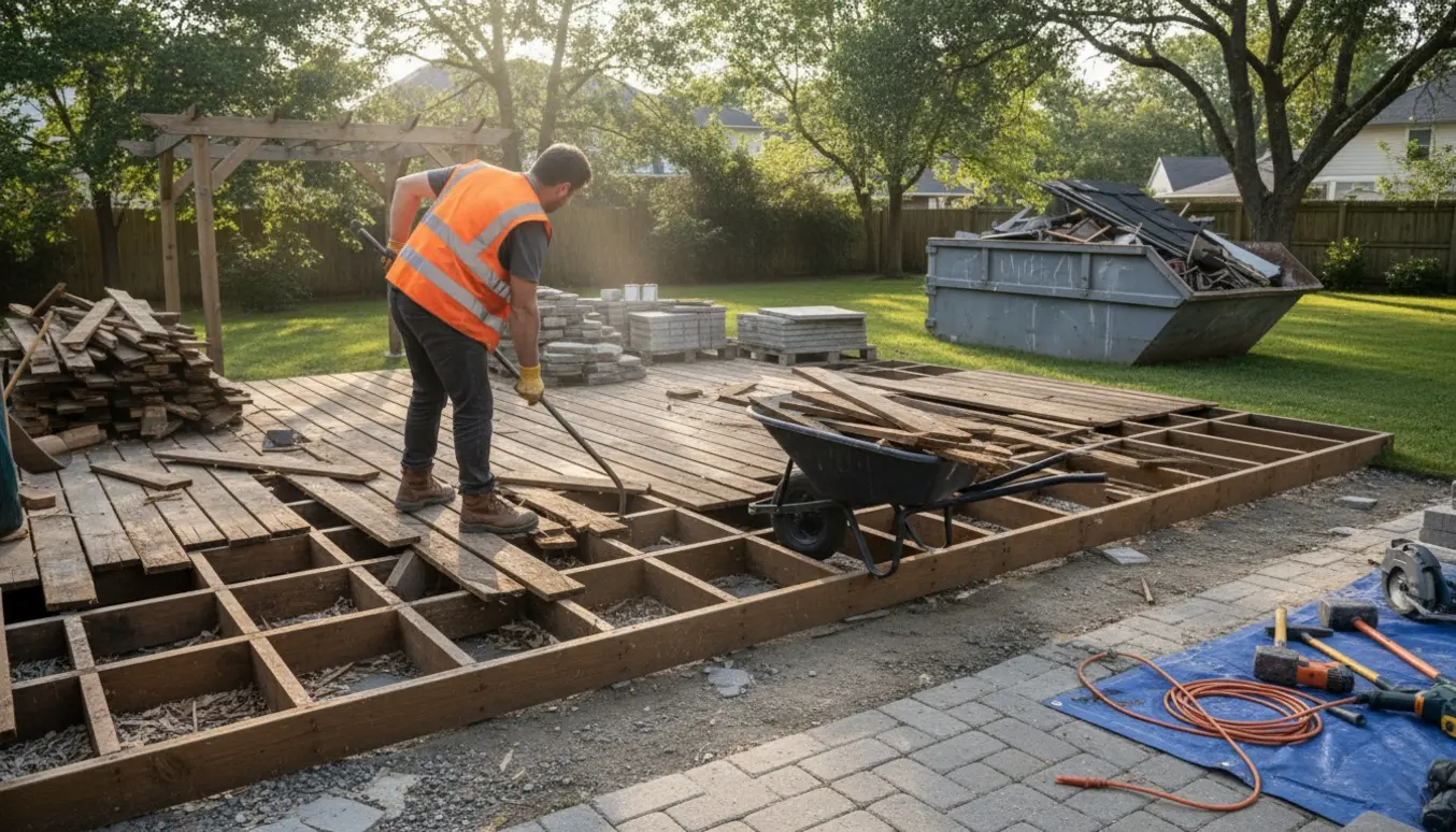Delvist nedrevet terrasse i en villahave med stablede fliser, affaldscontainer og en arbejder set bagfra.