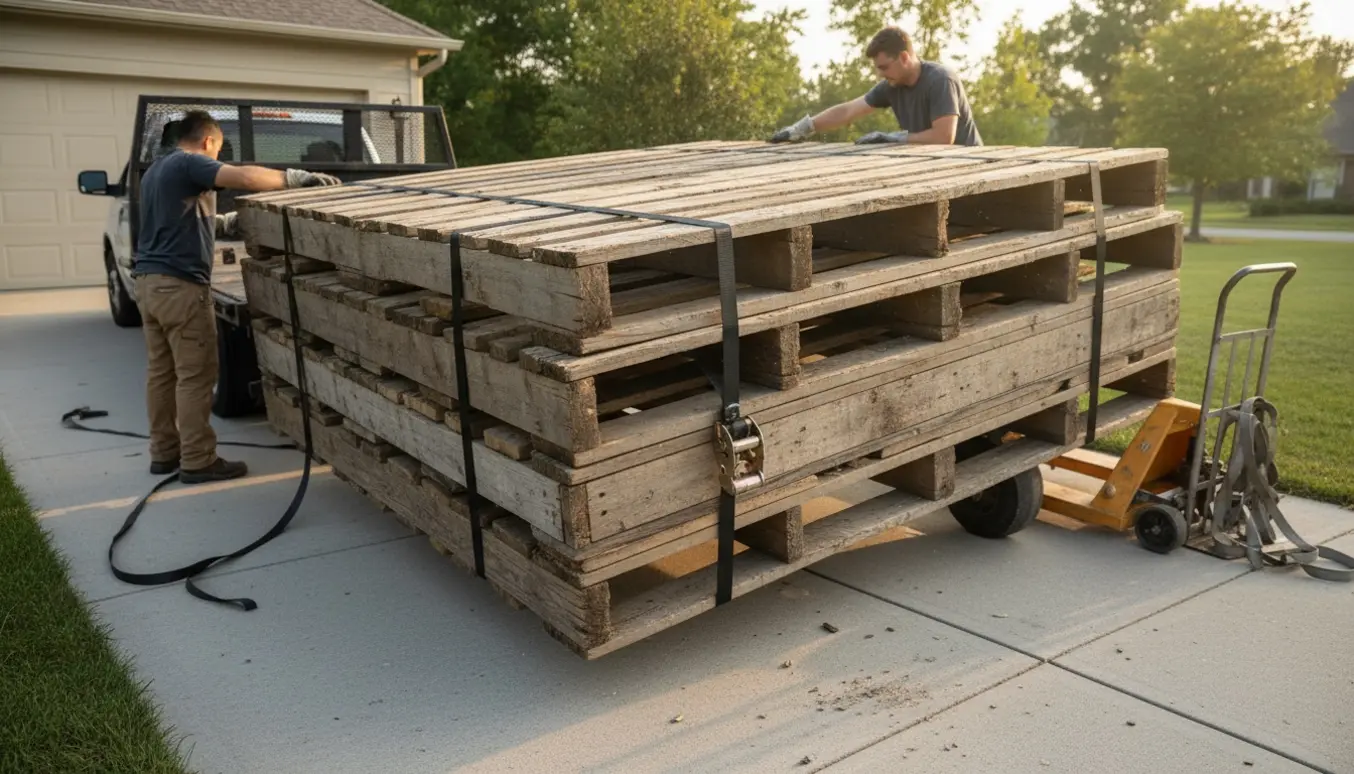 En stor træpalle læsses og sikres med stropper på en indkørsel, set uden ansigter.