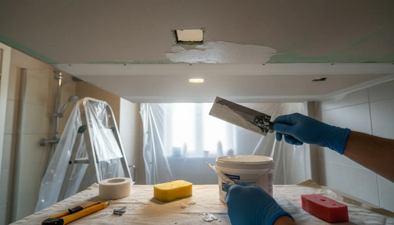To opadstående badeværelseslofter med små rektangulære huller, hænder spartler og sliber ved vådrumsgips med værktøj og afdækning.