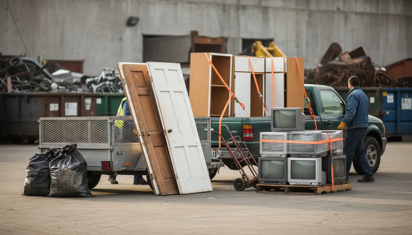 Lastning af en varevogn med gamle fjernsyn, døre, poser med størknet beton og køkkenskabe ved en genbrugsplads.