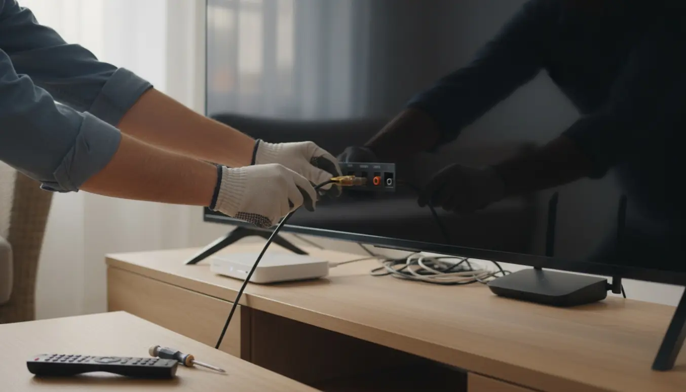 Hænder tilslutter HDMI- og antennekabel til et vægmonteret fladskærms-tv i en lys stue.