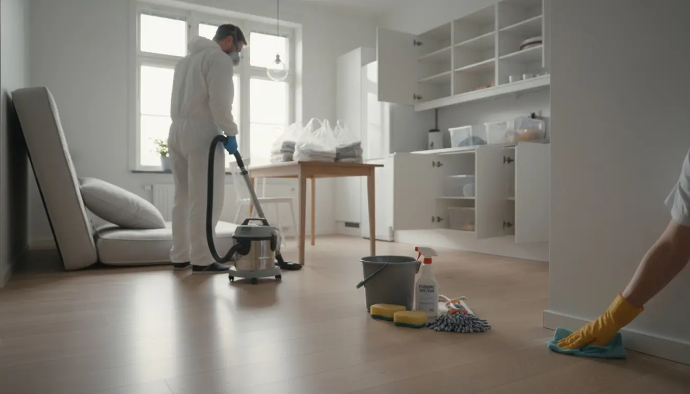 Lys toværelses lejlighed med handske-klædte hænder, der støvsuger sofa og madrass, og forseglede tøjposer efter skadedyrsbehandling.