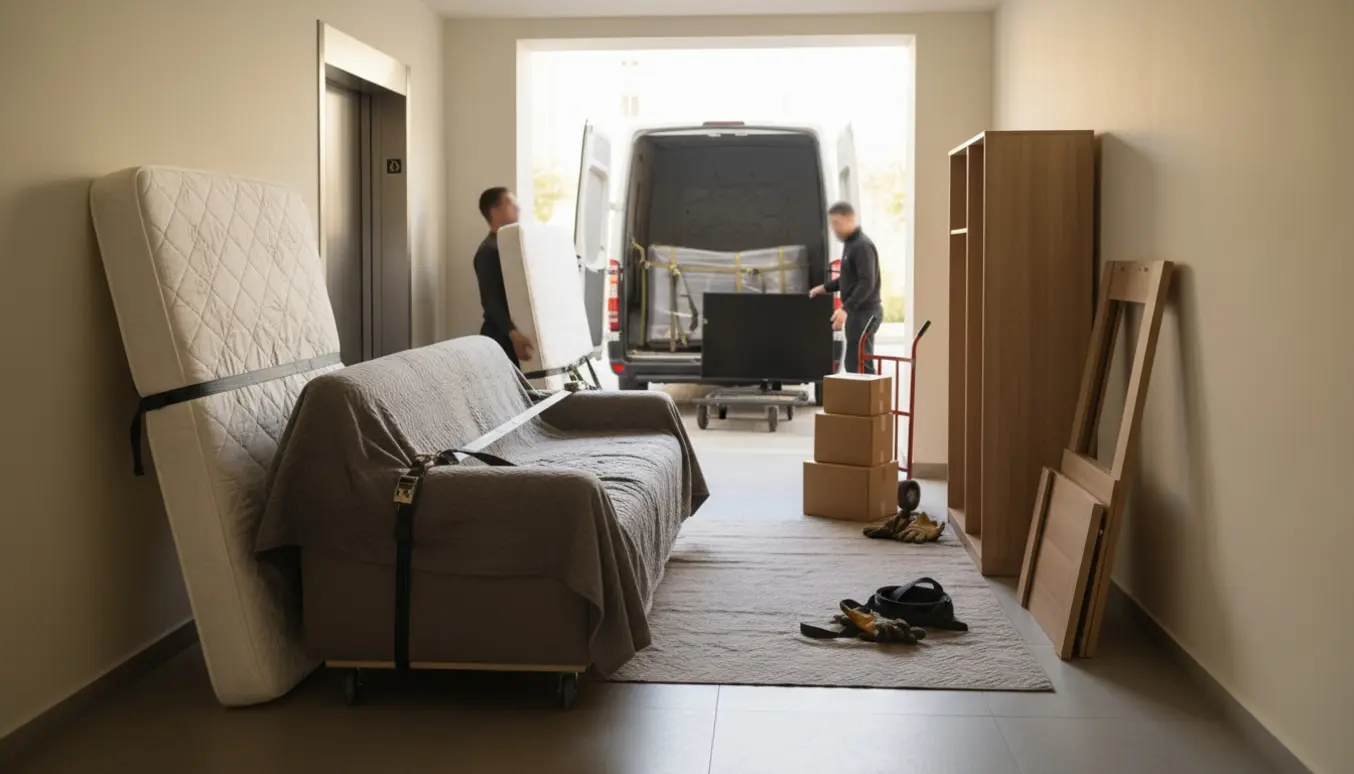 Flyttefolk læsser møbler og kasser fra en lejlighed via elevatoren til en varevogn.