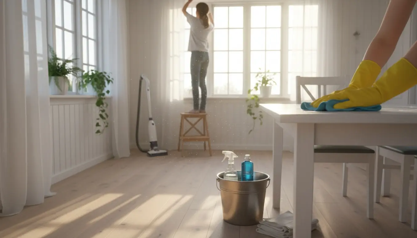 Indvendig forårsrengøring i et lyst sommerhus med hænder i gummihandsker, der pudser et træbord.
