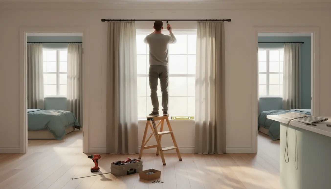 Installatør sætter gardinstang op over stuevindue, med værktøj og en persienne på køkkenbordet.