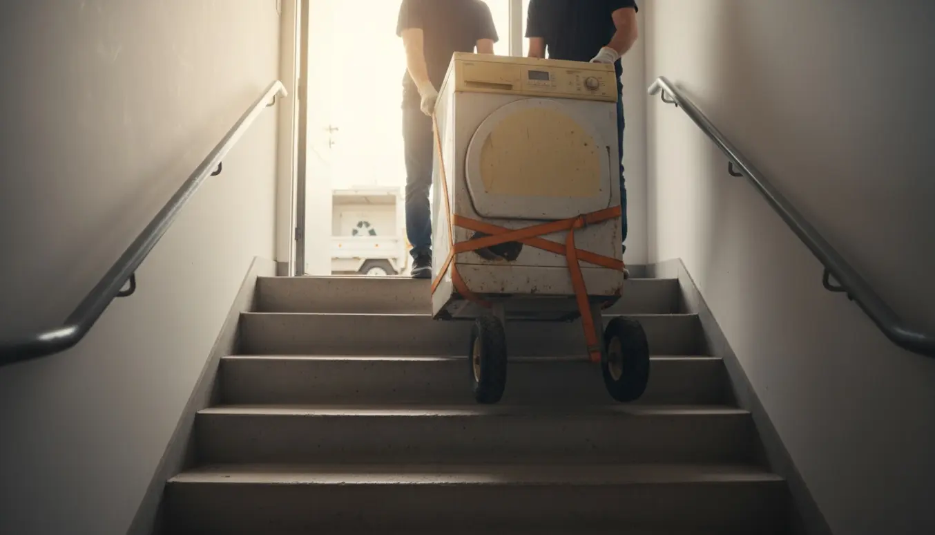 To personer bærer en gammel tørretumbler op ad en bred kældertrappe mod en åben dør, ansigter ikke synlige.