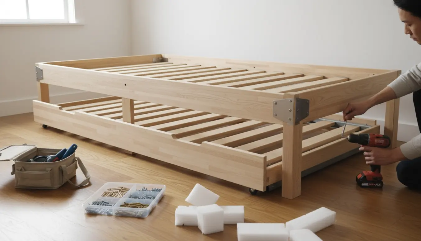 Delvist samlet enkeltseng med udtræksseng under, håndværktøj og hænder i arbejde i et lyst soveværelse.