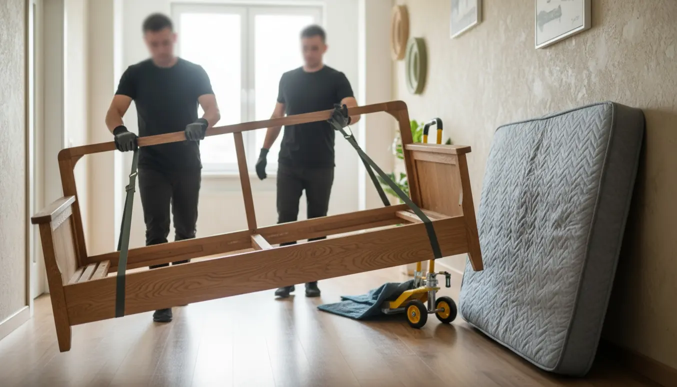 Et samlet træskelet til en sofa bæres gennem en lys entré, mens madrassen er fjernet og lænet mod væggen.