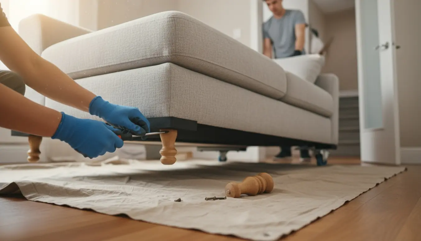 Nærbillede af hænder, der skrue af sofaben, mens sofaen forberedes til storskrald.