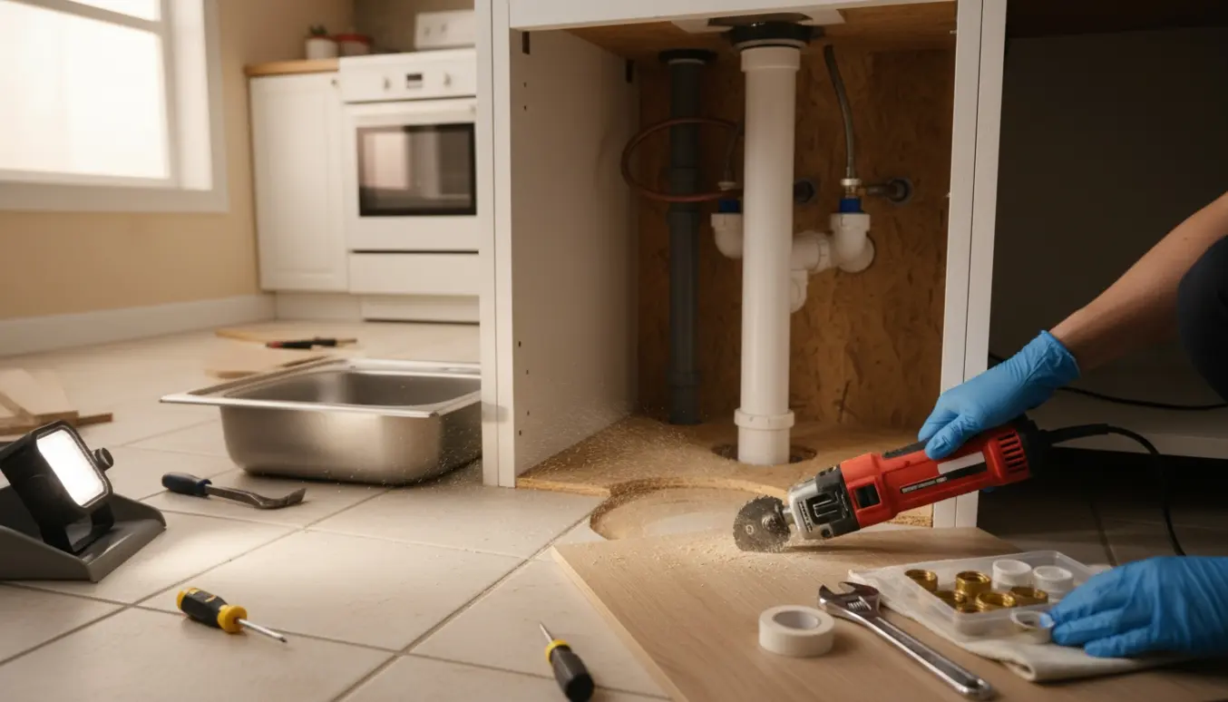 Afmontering af køkkenskab og vask med afpropning af rør og fjernelse af klikgulv omkring faldstammen.