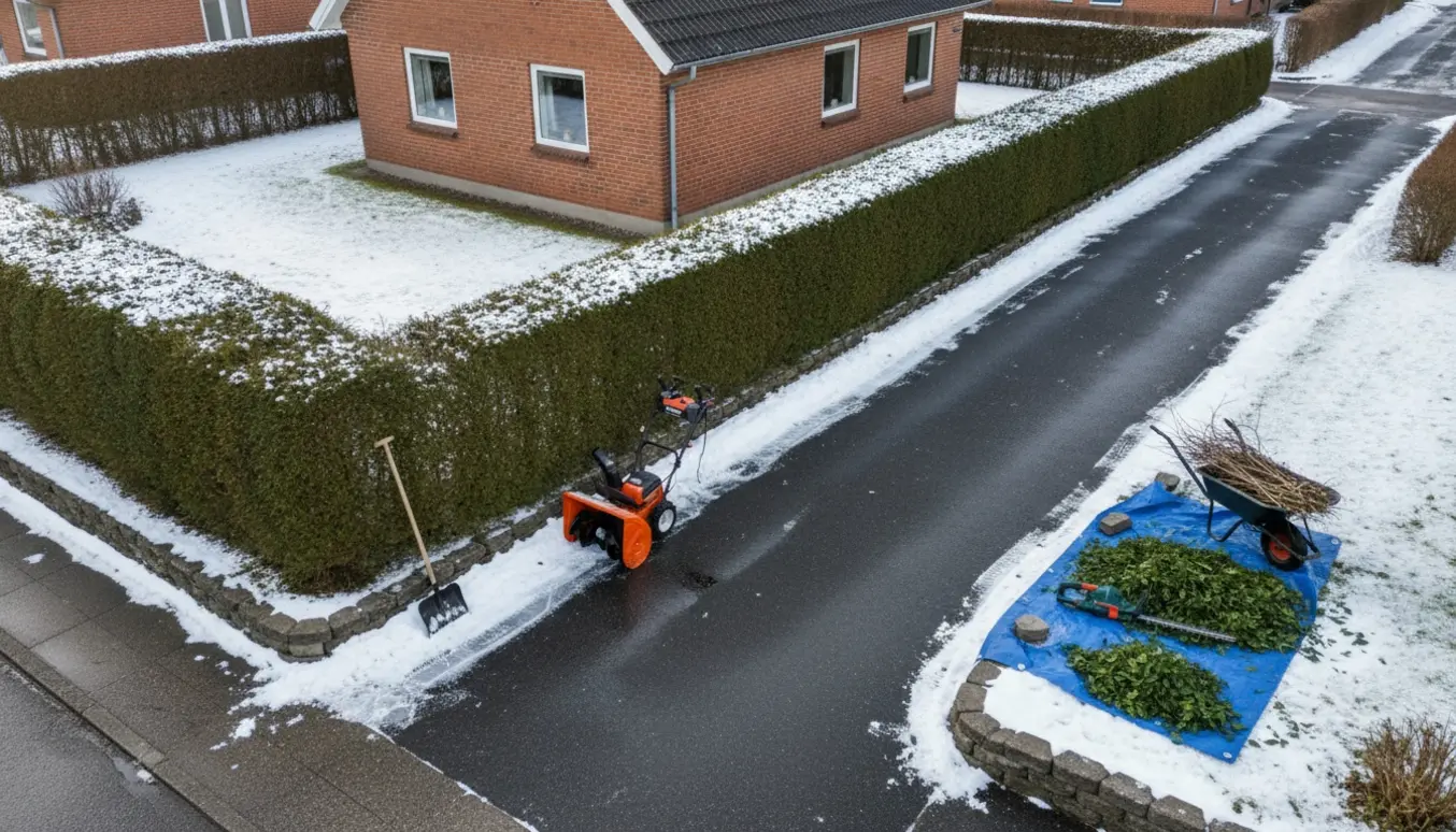 Luftfoto af en indkørsel i Holstebro ryddet for sne med nysnittede hække og haveredskaber.