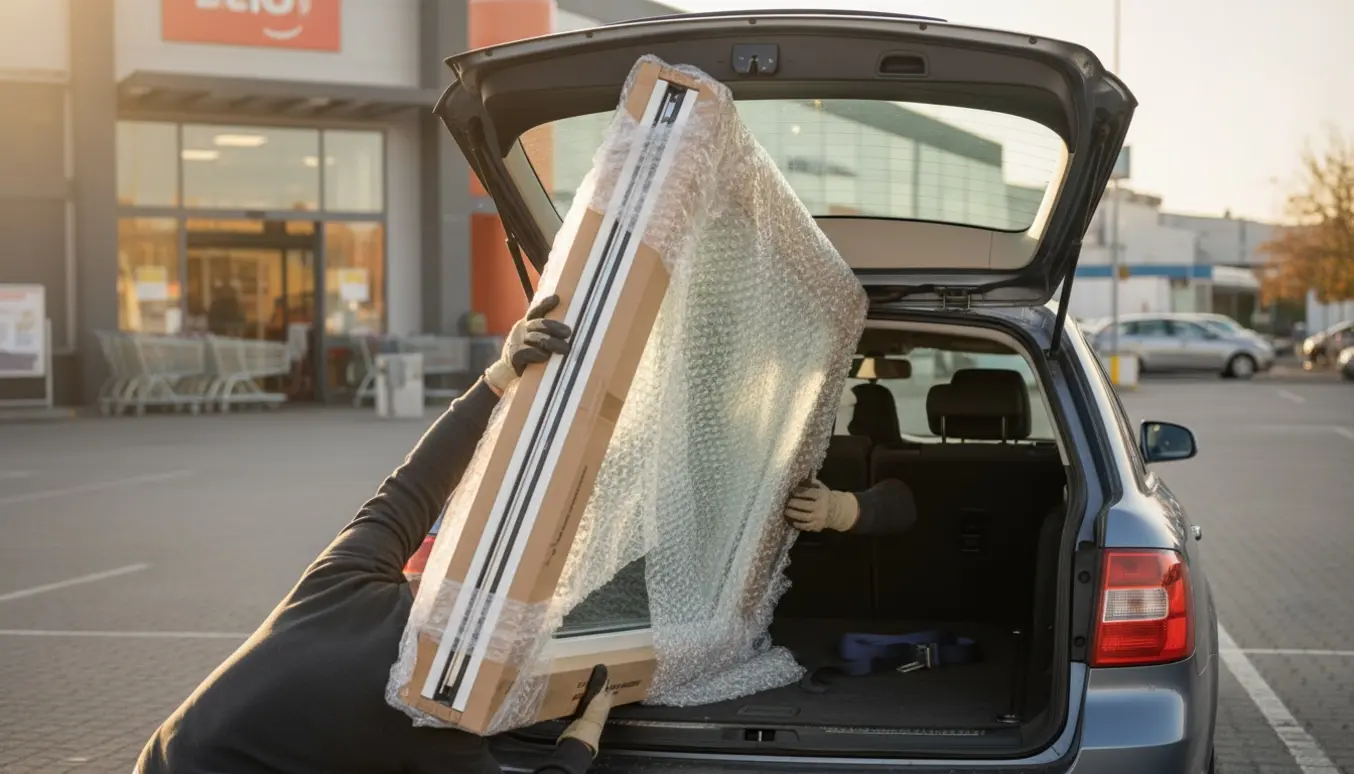 Emballeret skydedør lægges ind i en åben stationcars bagagerum på en parkeringsplads.