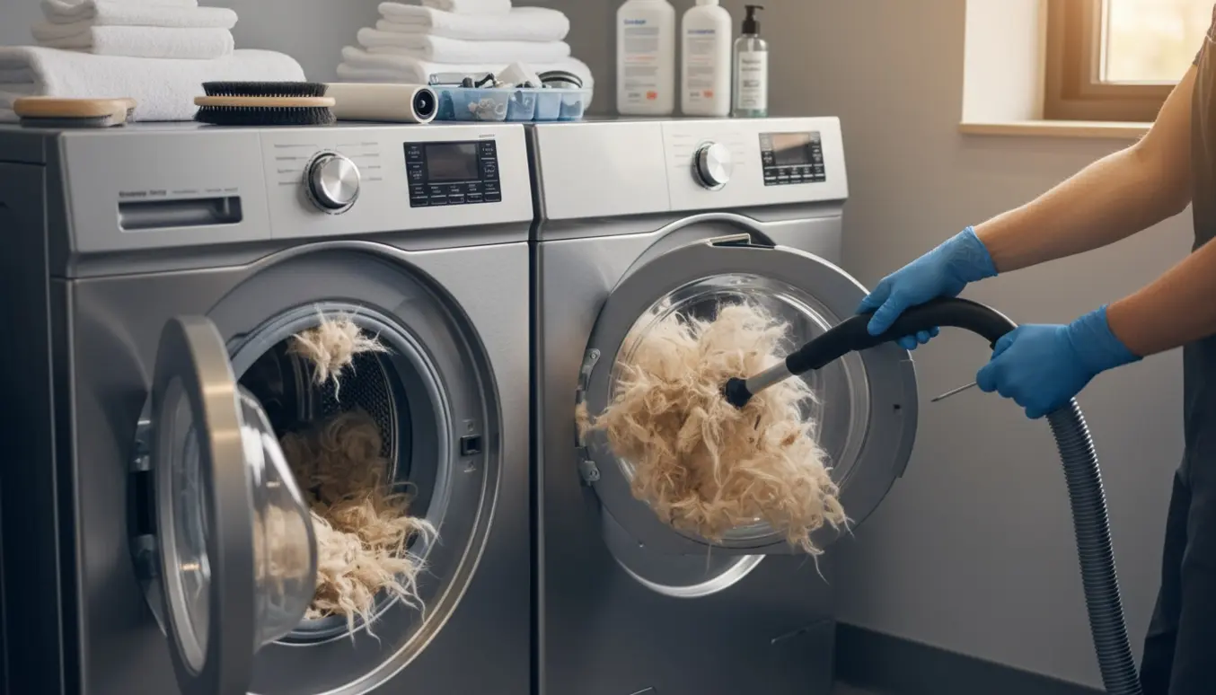 Tekniker fjerner hundehår fra vaskemaskinens gummipakning og tørretumblerens filter i en hundesalon.