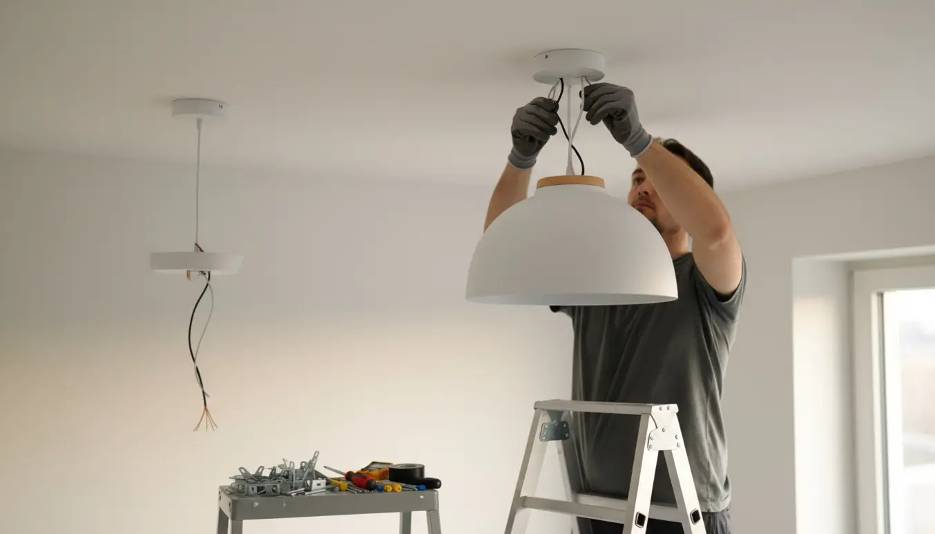 En håndværker monterer en moderne loftslampe ved to løsthængende lampeudtag i et nyt, hvidt loft.