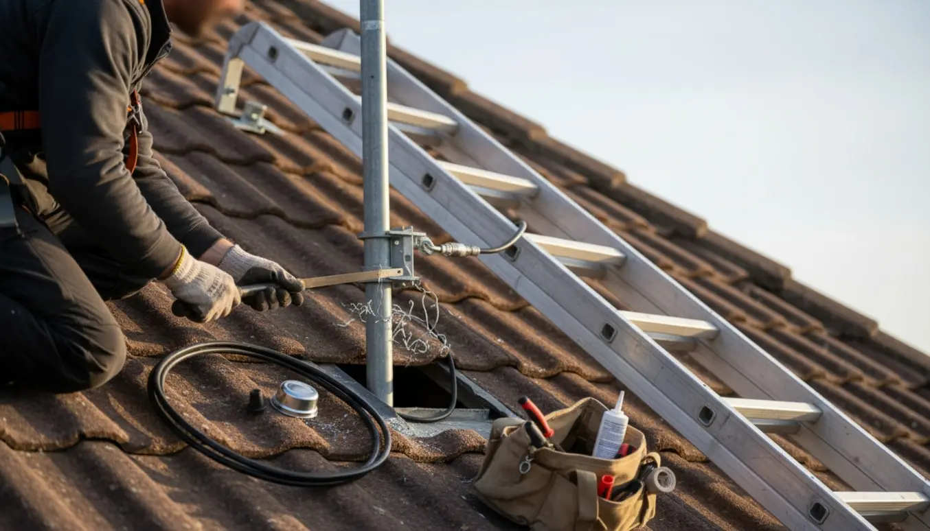 Hænder fra en håndværker fjerner en tagantenne fra et skrånende tegltag med værktøj og stige i baggrunden.