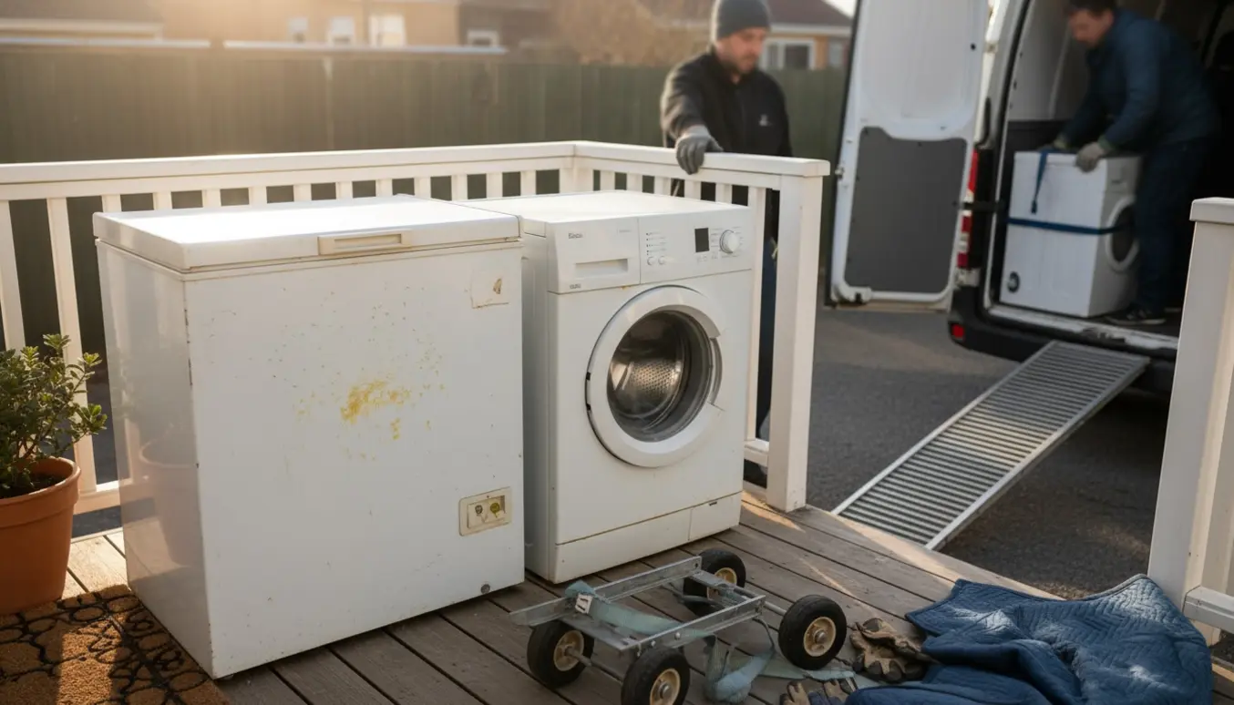 To gamle hårde hvidevarer — en fryser og en vaskemaskine — bliver båret fra en terrasse ind i en varevogn.