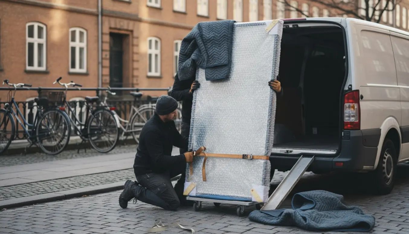Et stort indpakket spejl bliver forsigtigt læsset ind i en varebil på gadeplan i København.