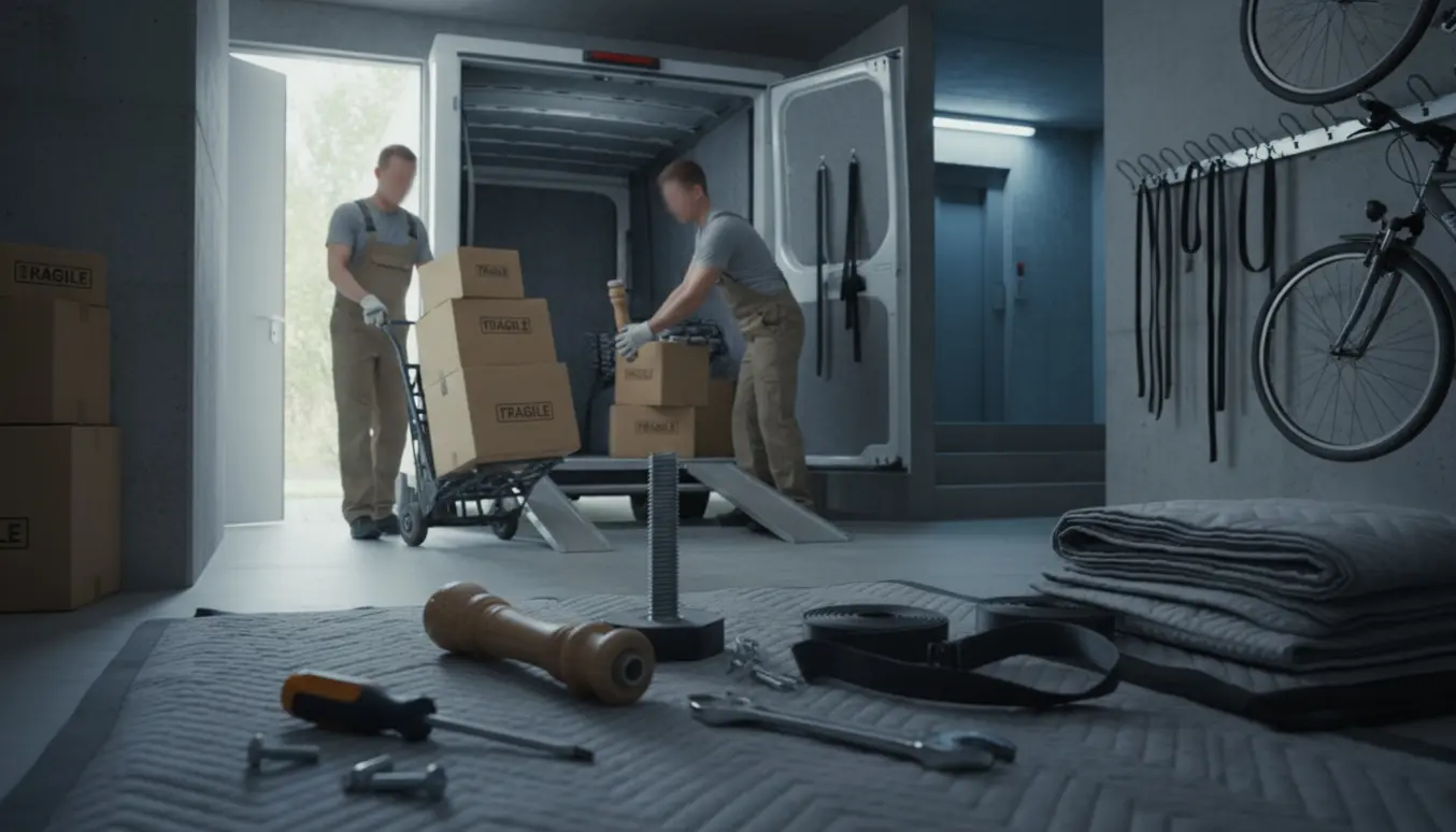To flyttefolk afmonterer seng- og bordben og laster kasser i en varevogn ved en cykelkælder.