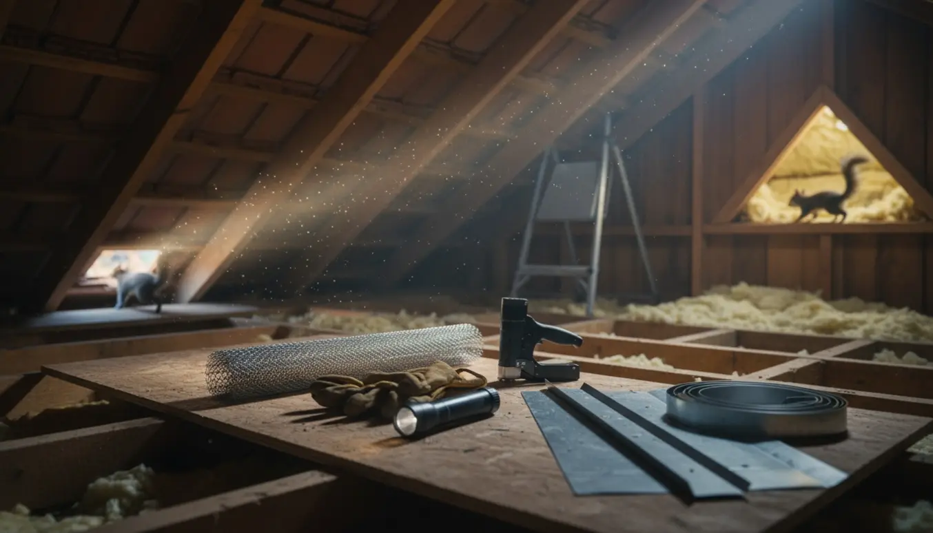 Loftinteriør med isolering og egern, der kravler ind gennem huller i tagkonstruktionen.