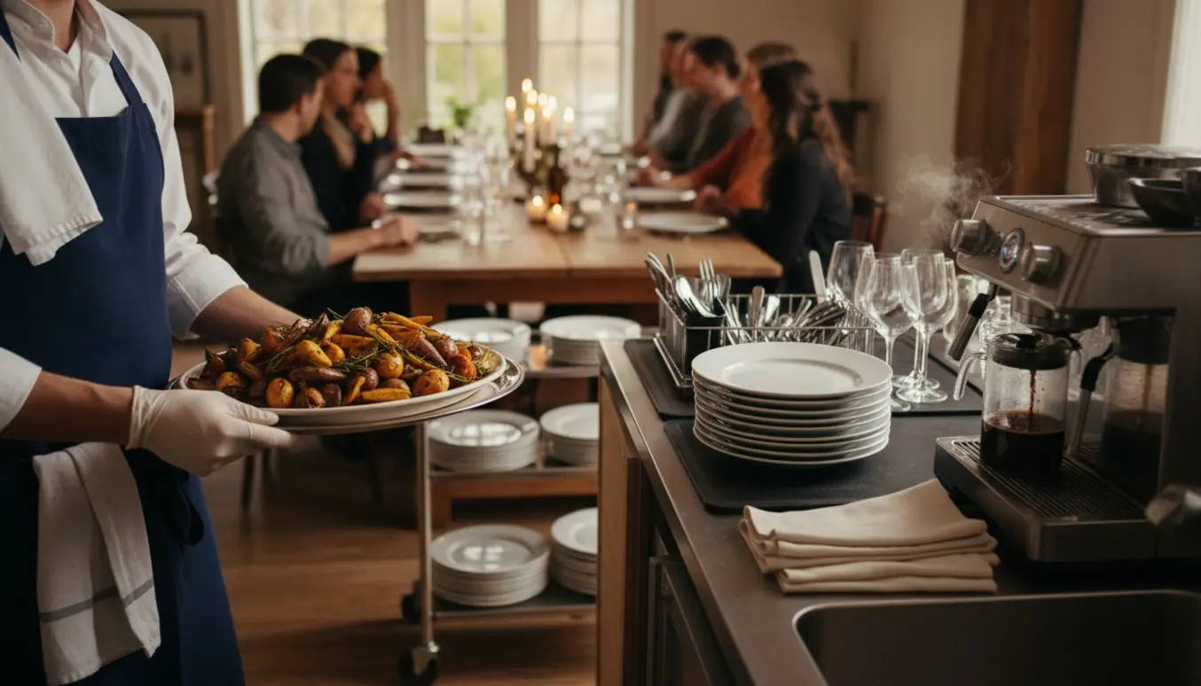 Køkkenhjælper serverer mad og klarer opvask ved et privat middagsselskab, uden tydelige ansigter.