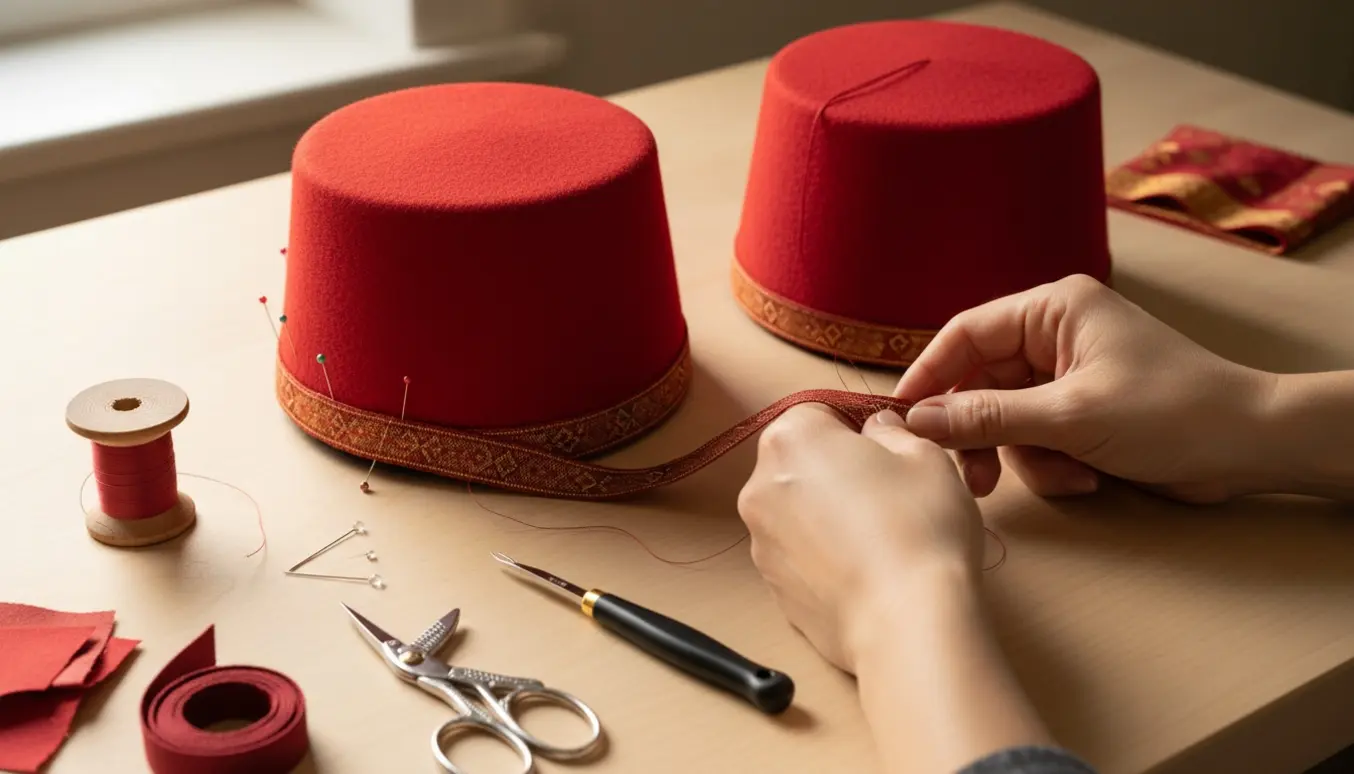 Nærbillede af hænder, der overfører silkekant fra én rød fez til en anden på et sybord.