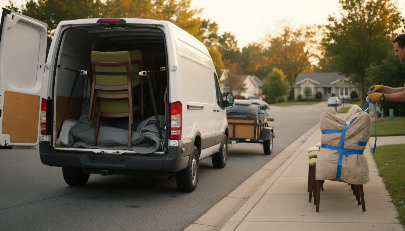 Varevogn med åben bagende hvor seks stole er sikret, og fire pakkede stole står klar på fortovet til afhentning.