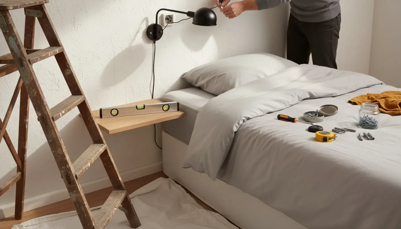 Hænder monterer en væglampe i hjørnet og hænger et væghængt sengebord op med stige og håndværktøj.