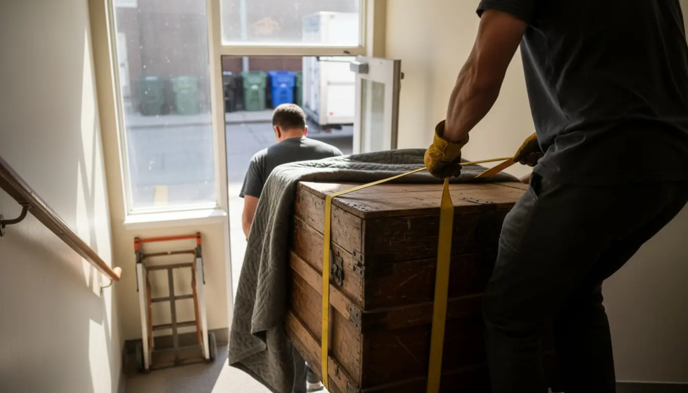 To flyttefolk bærer en tung, slidt trækiste ned ad en oplyst trappe mod en genbrugsplads.