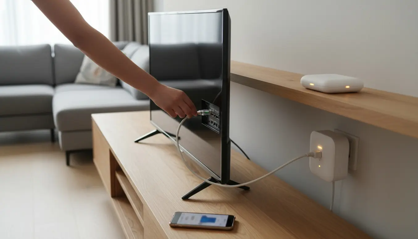 Hænder forbinder et nyt Samsung smart-TV til internettet ved hjælp af to YouSee-boostere i en lys moderne stue.