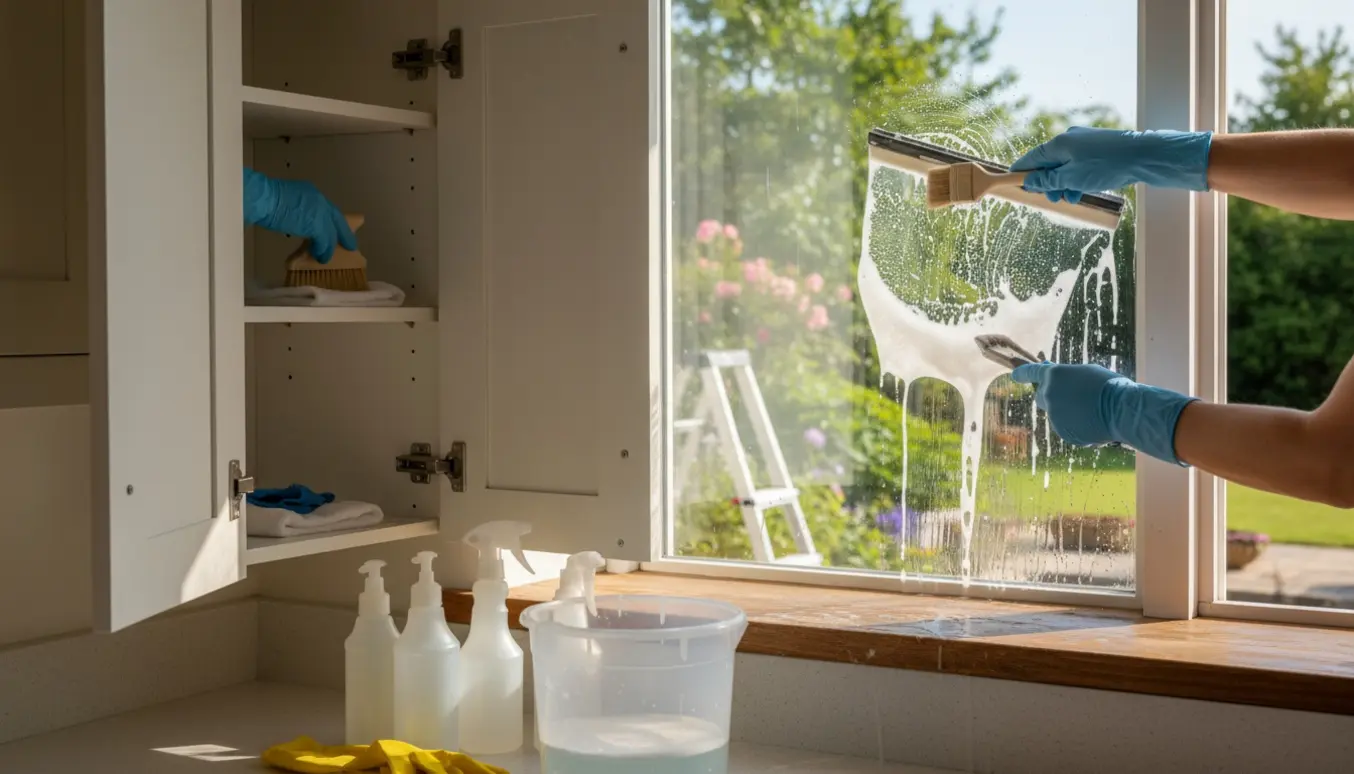 Nærbillede af rengøring og pudsning af køkkenvindue indefra med gummiskraber, mikrofiberklud og rengøringsmidler på vindueskarmen.