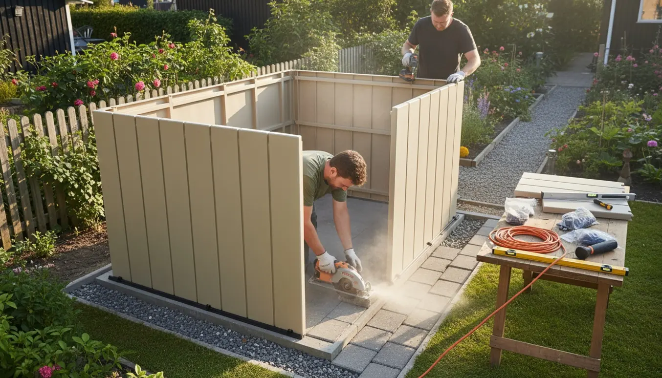 Delvist samlet plastskur i en kolonihave med hænder, der holder en plade, rundsav og værktøj klar.