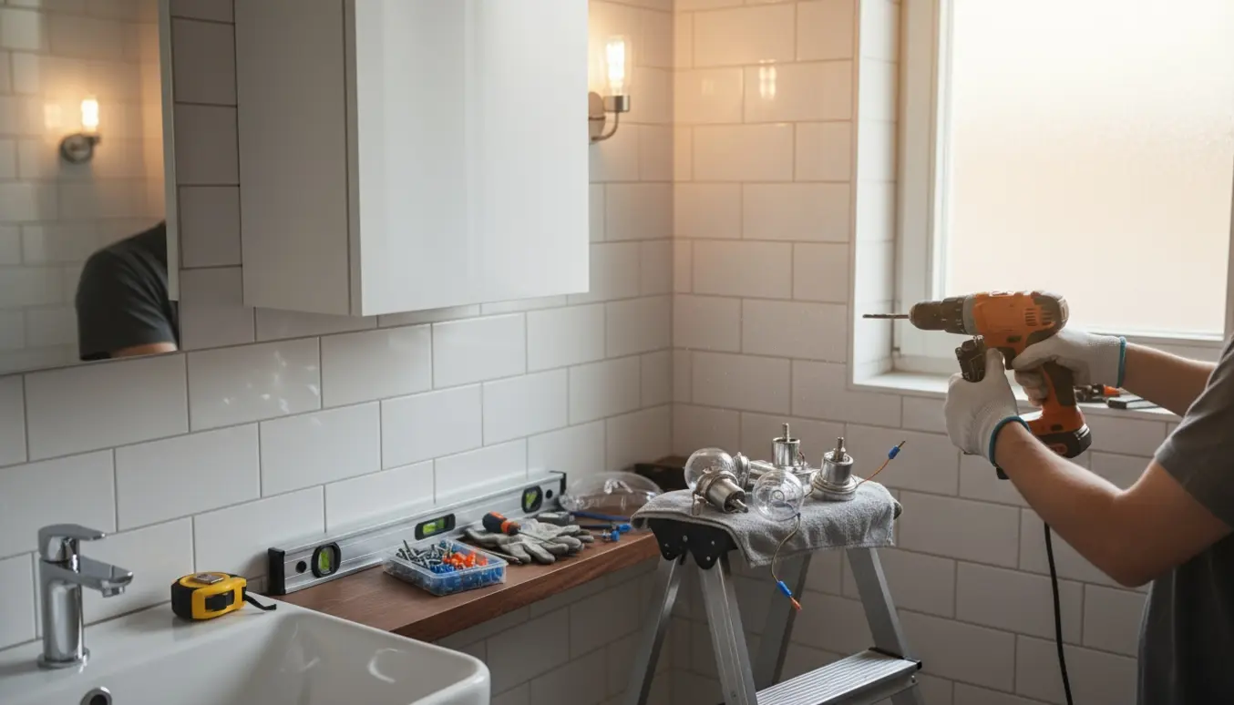 Montering af badeværelsesskab og opsætning af lamper i et moderne badeværelse med værktøj i fokus.