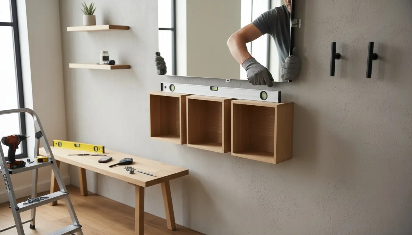 Hænder monterer et aflangt spejl i en lys entré ved siden af tre opbevaringskasser, to knager og to små hylder.