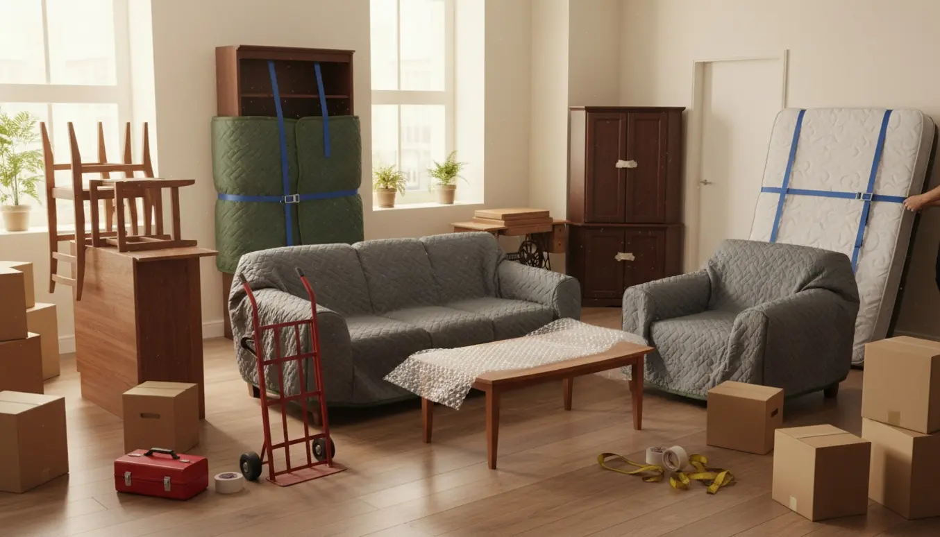 Møbler pakket og klar til flytning i en lys stue med kasser og flytteudstyr.