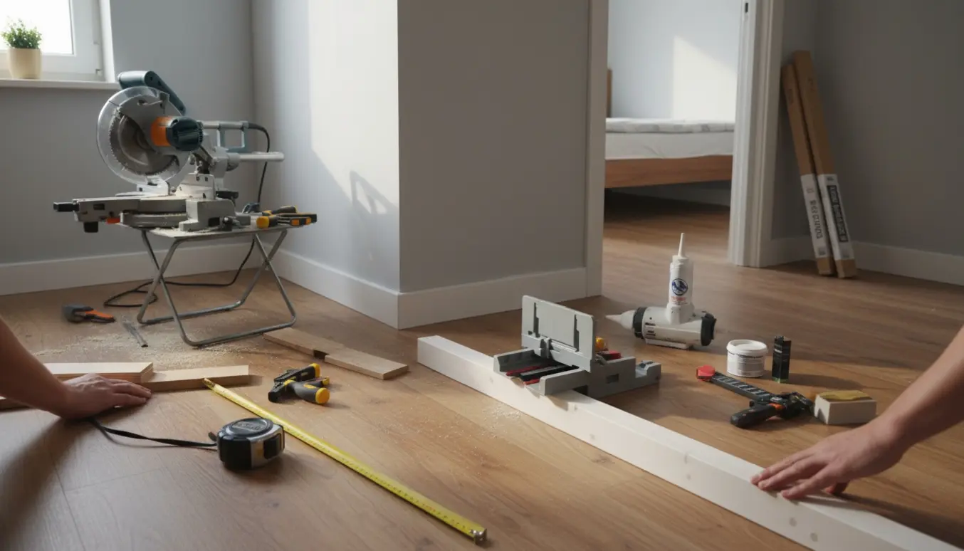 Hænder forbereder og monterer nye hvide fodpaneler i en lille lejlighed med værktøj og blødt dagslys.