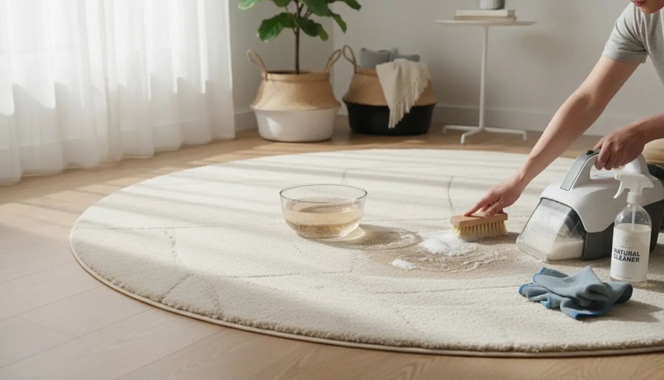 Rundt tæppe renses på trægulv med børste og sæbe i blødt dagslys.