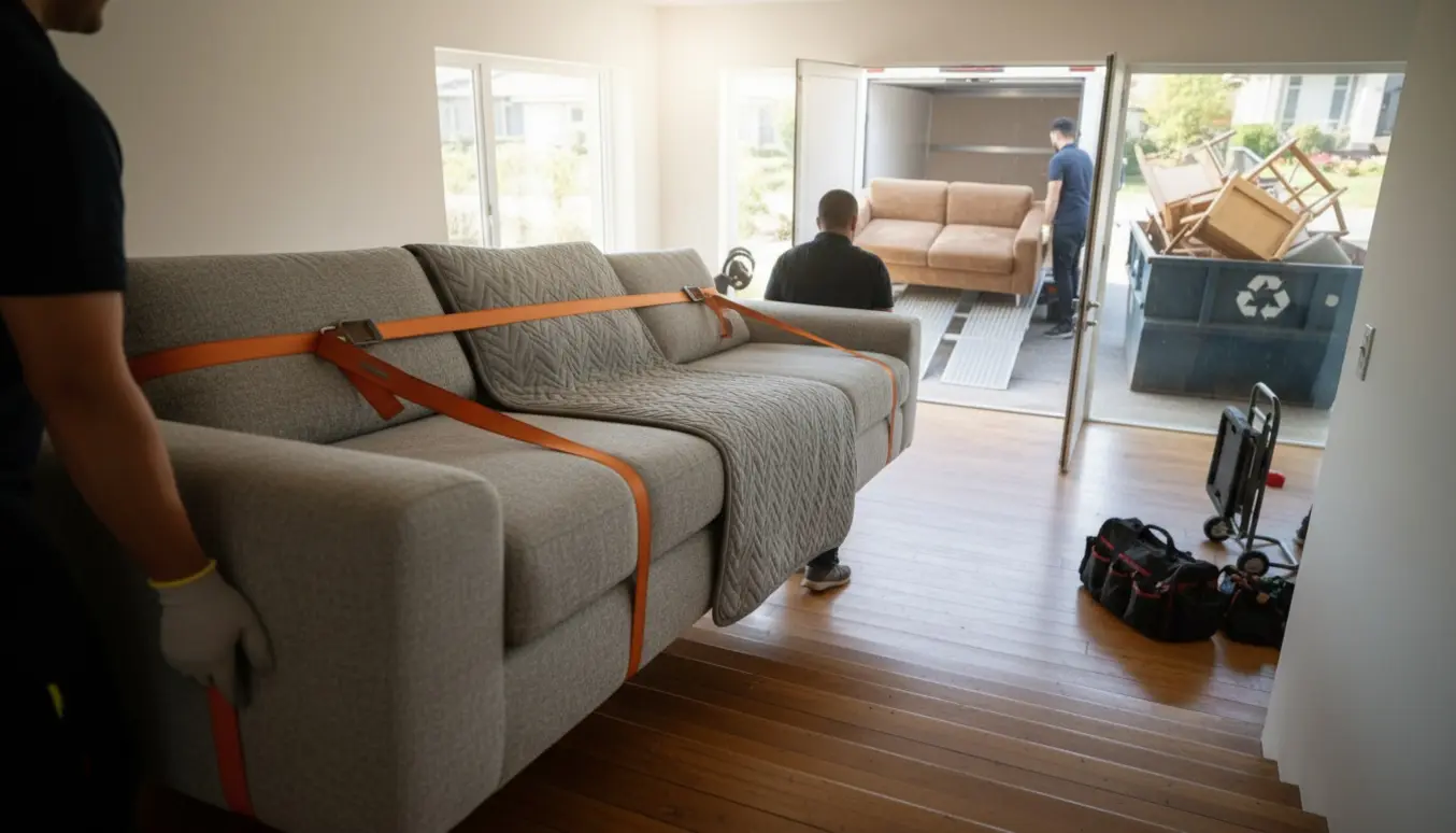 To personer bærer en modulsofa op ad en trappe i en villa, mens en gammel sofa bliver læsset i en varevogn udenfor.