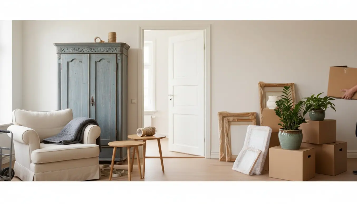 Flyttescene med lænestol, karlekammerskab, små møbler og flyttekasser med potteplanter og indrammede billeder.