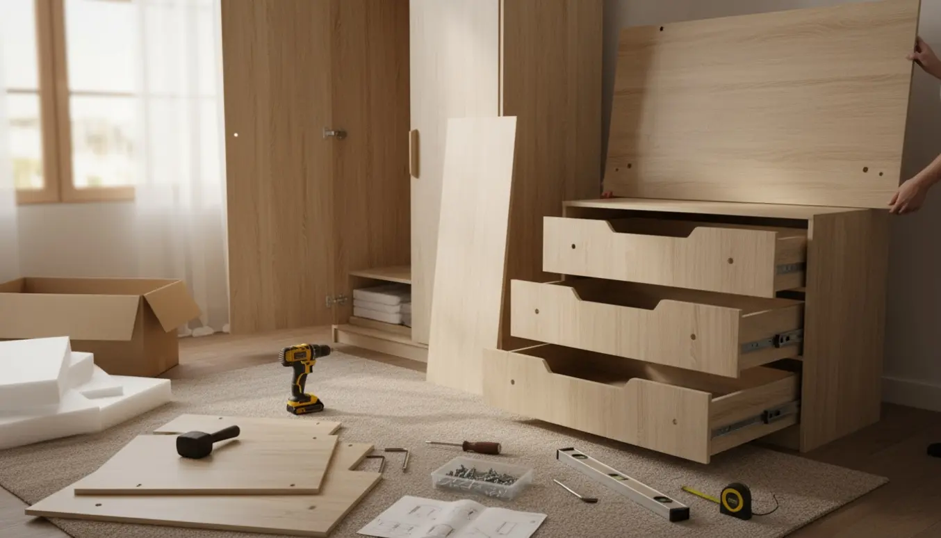 Delvist samlet klædeskab og kommode i et soveværelse med værktøj og flade pakkekasser.